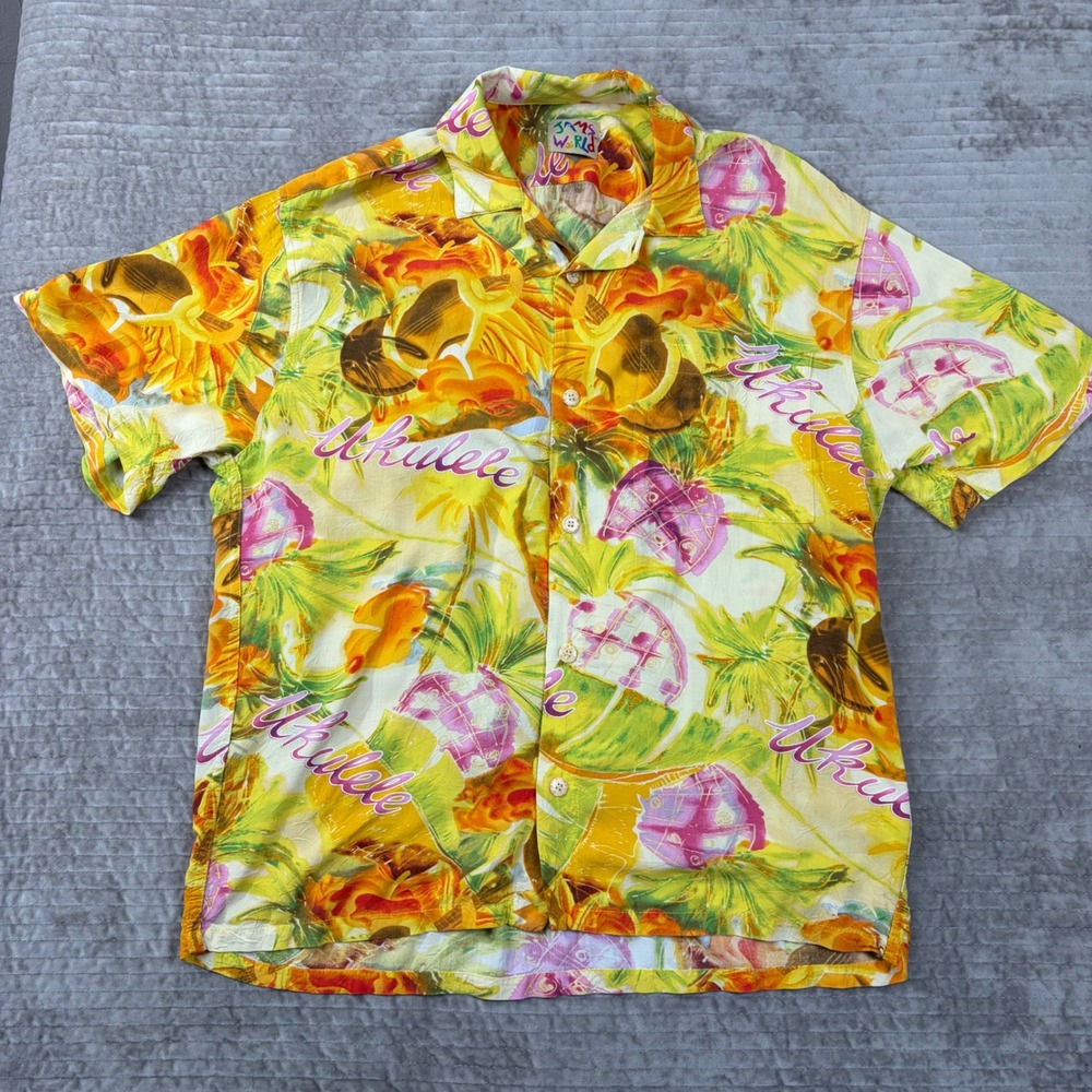Vintage Jams World Kamaka Ukulele Pineapple Rayon Shirt M Yellow Made in Hawaii